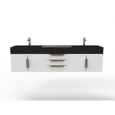 Castello Usa Amazon 72" Wall Mounted White Vanity With Black Top And Gold Handles CB-MC-72W-GLD-2056-BL